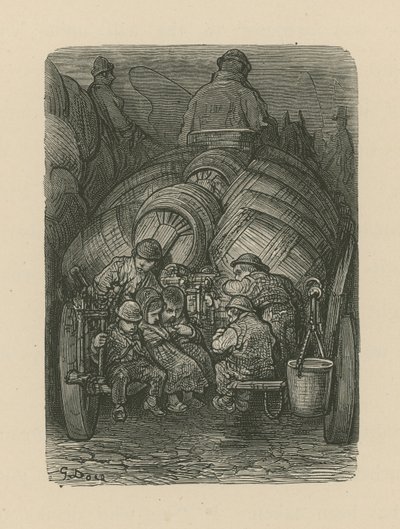 Kinderen zitten op de achterkant van een brouwerij-bezorgwagen door Gustave Dore